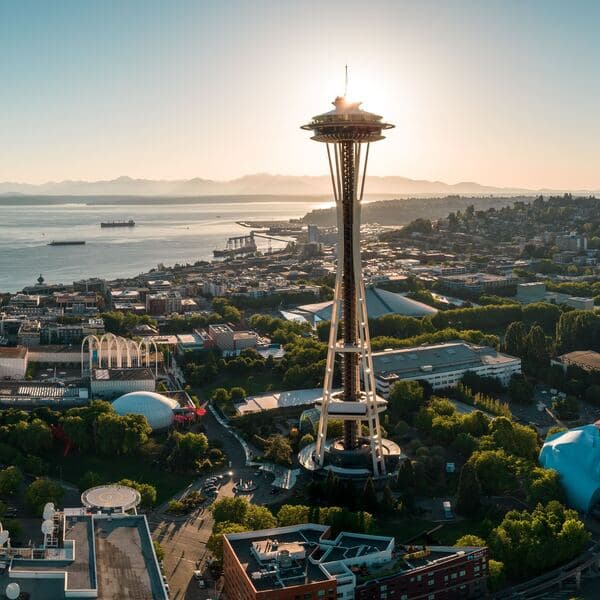The seattle space needle against elliot bay.